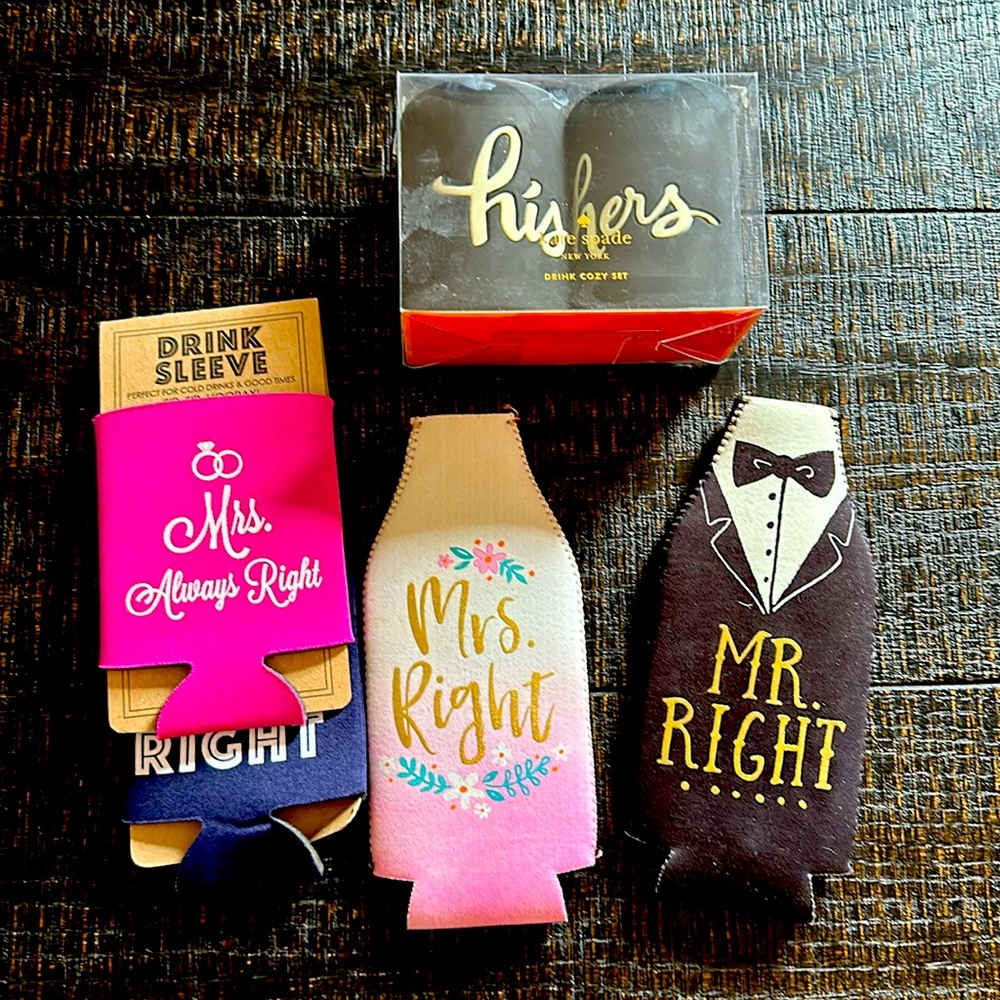 3 sets of Mr. & Mrs. Wedding can and bottle coozies